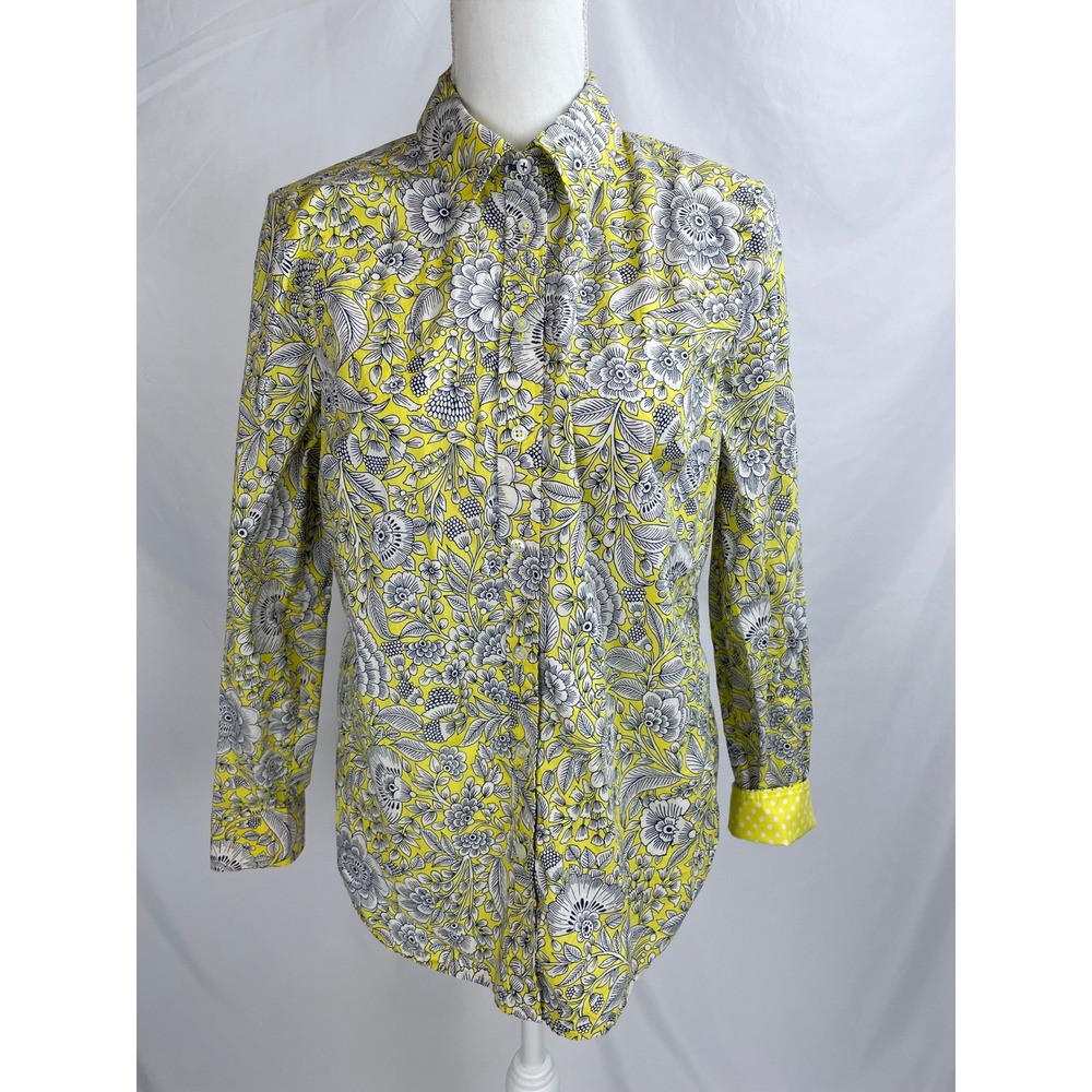 Talbots Shirt Women Medium Yellow Button Up Blouse Long Sleeve Floral Office